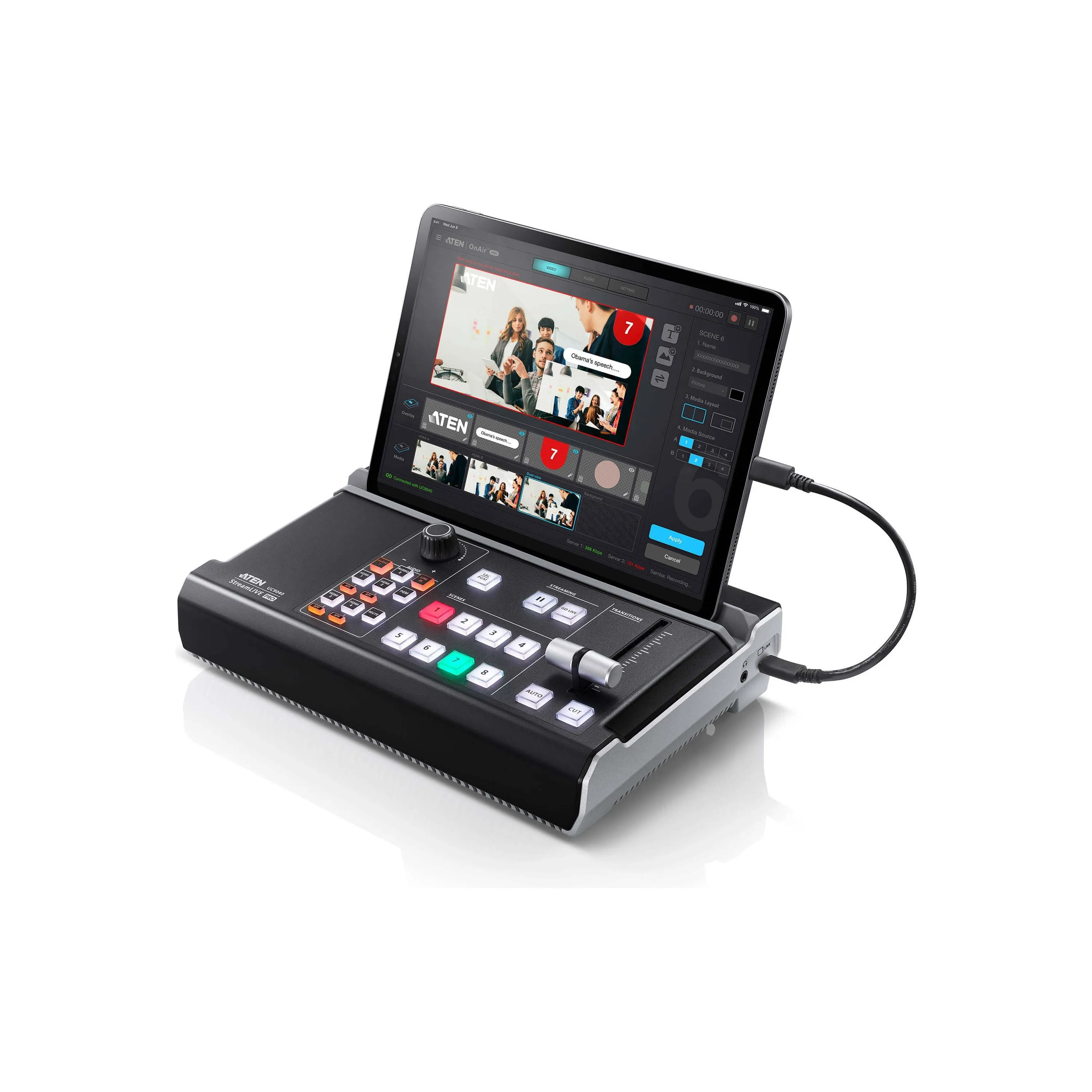 Aten UC9040 StreamLIVE™ PRO All-in-one Multi-channel AV Mixer. Preset up to 8 scenes, DVE video transition effects, a storyboard like management