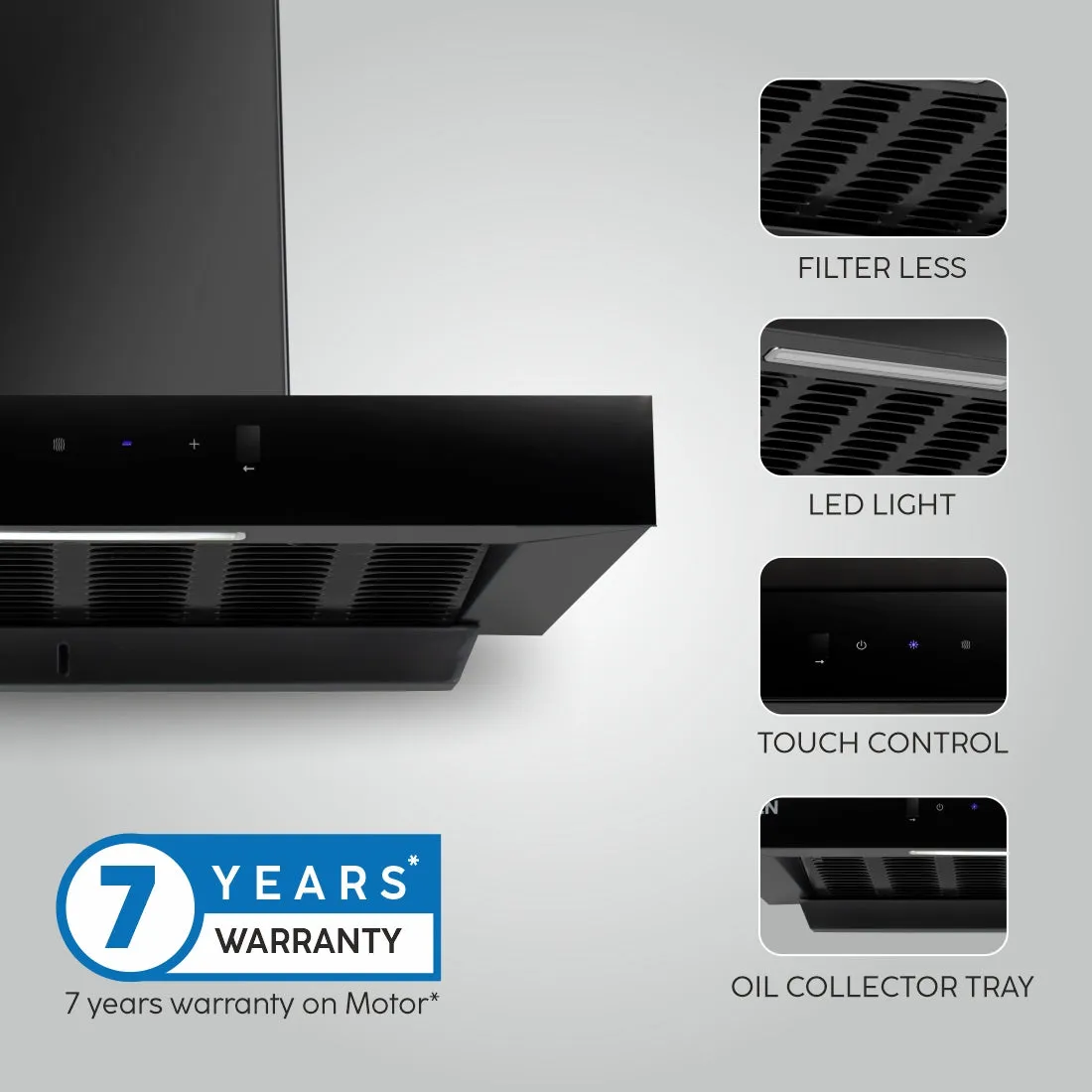 Auto Clean Slim Filter less Kitchen Chimney with Motion Sensor 60/90cm, 1200 m3/h (6052 SLIM BL AC)