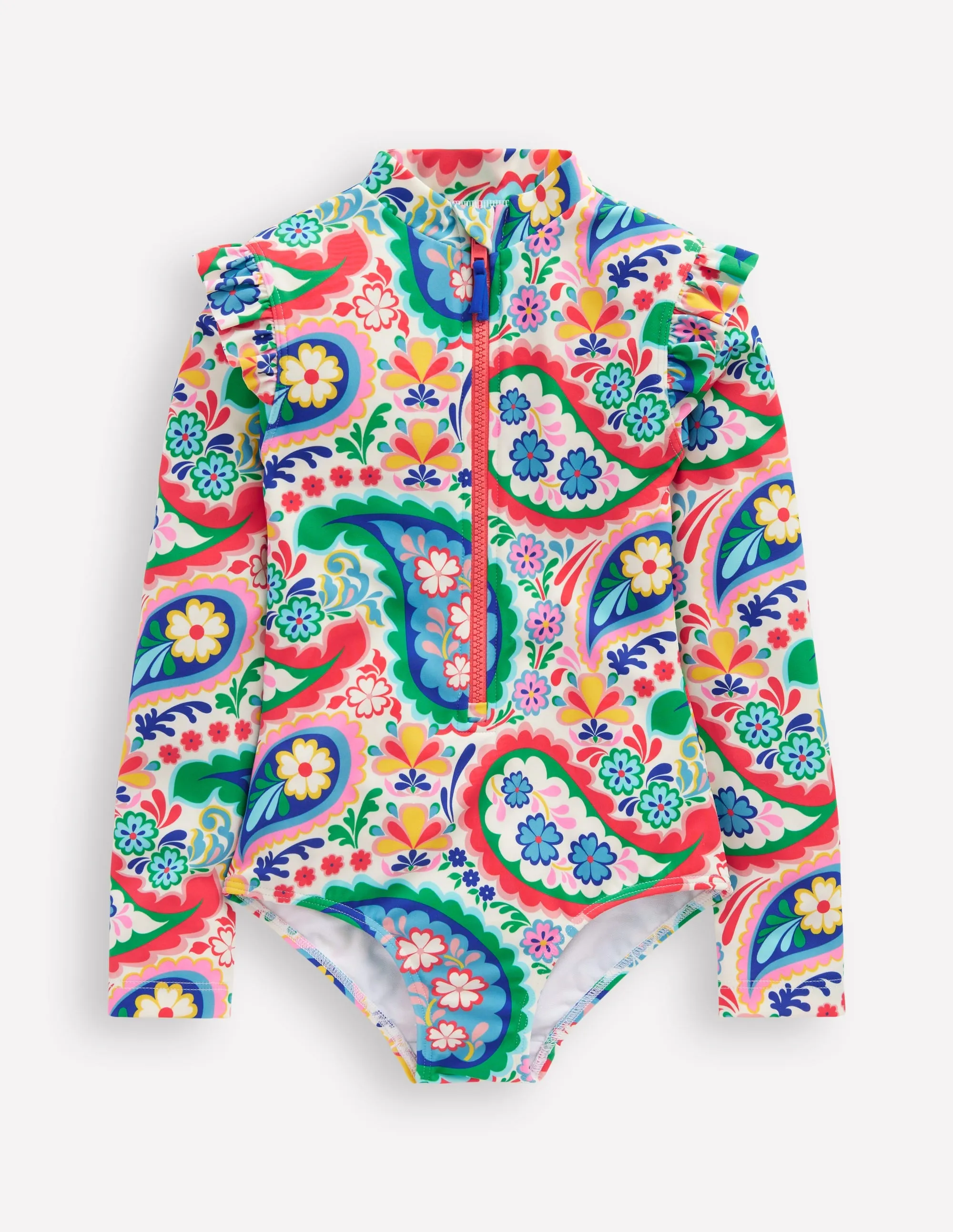 Frill Long Sleeved Swimsuit-Ivory Paisley
