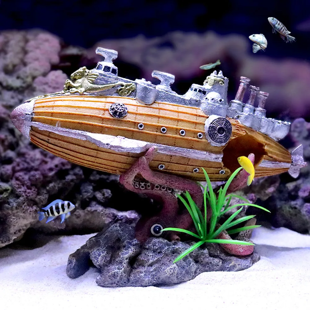 OMEM Aquarium Battleship Decorations Octopus Fish Tank Creative Underwater Landscape Ornament Exotic Environments Large Yellow