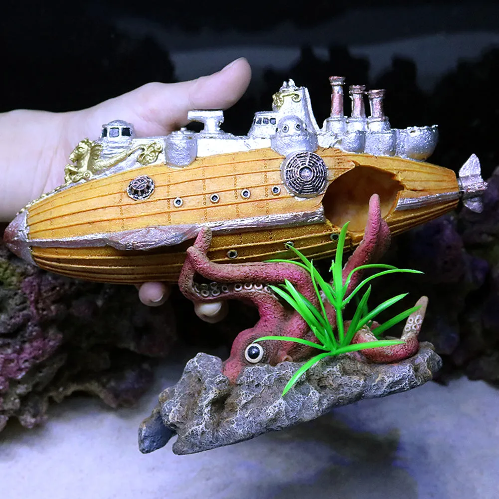 OMEM Aquarium Battleship Decorations Octopus Fish Tank Creative Underwater Landscape Ornament Exotic Environments Large Yellow