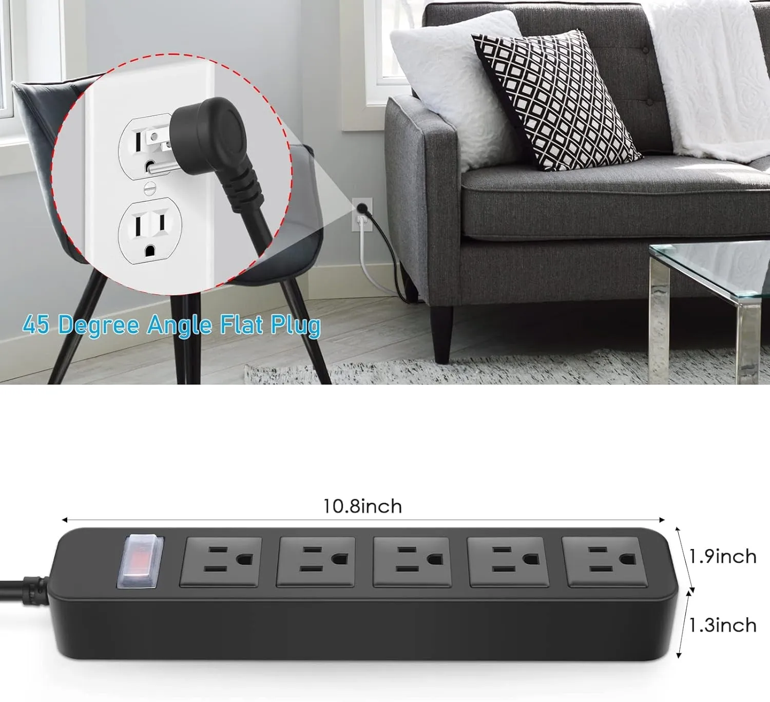 Outdoor Power Strip Waterproof with 5 Outlets, Garden Weatherproof Surge Protector, Christmas Multiple Outlet Exterior Socket for Lighting Appliances. 6FT Extension Cord Strip with Flat Plug. Black