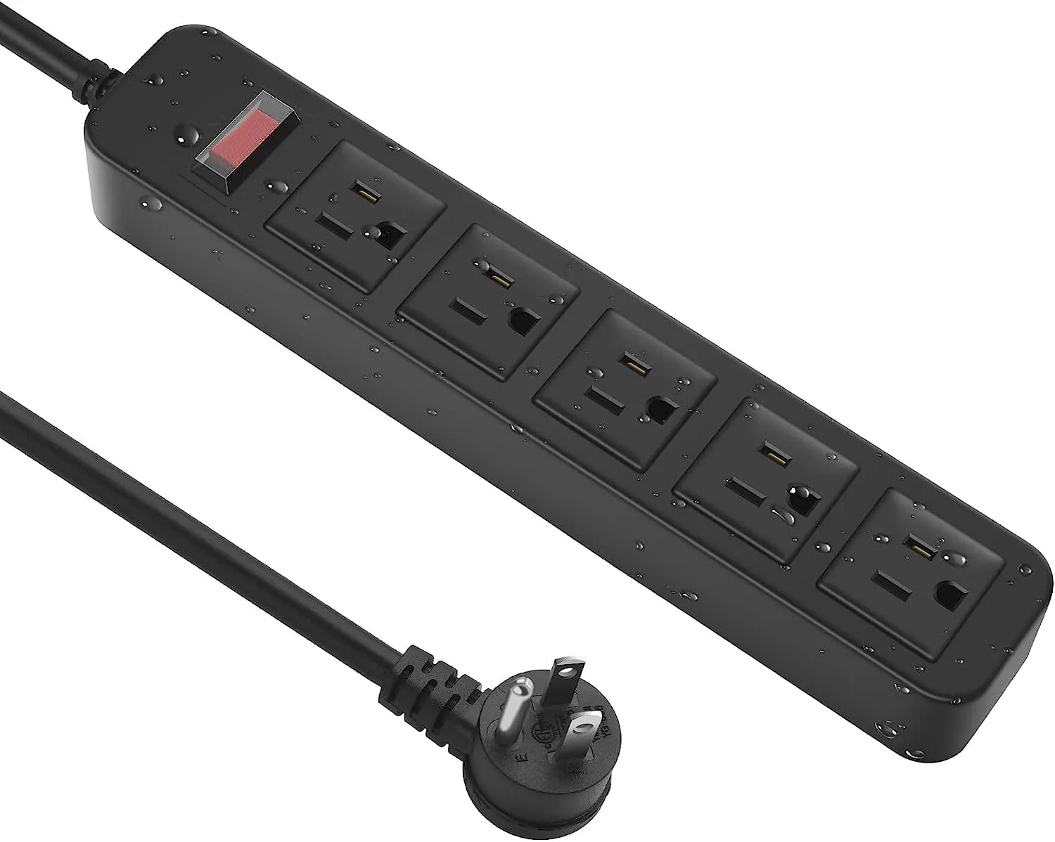 Outdoor Power Strip Waterproof with 5 Outlets, Garden Weatherproof Surge Protector, Christmas Multiple Outlet Exterior Socket for Lighting Appliances. 6FT Extension Cord Strip with Flat Plug. Black